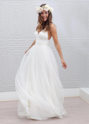 Ivory Pleated Tulle Backless Long Sexy Wedding Dress